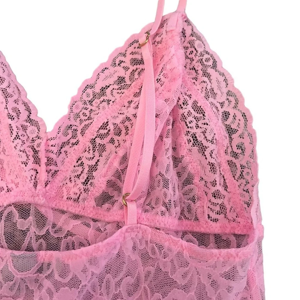 Vintage y2k Victoria’s Secret dollcore pink sheer lace slip dress Teddy ruffle - Picture 6 of 10